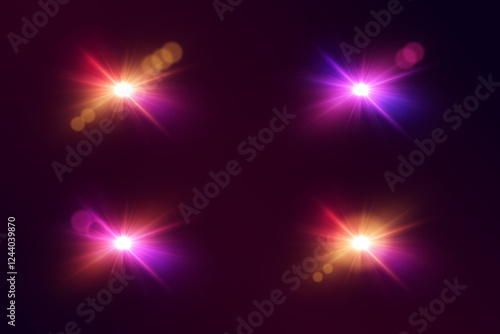Set of light reflections and flares. The effect of stars and lens and lenses.