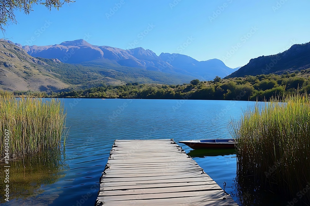Wooden docks lead to the lake with black torches, surrounded by reeds and hills