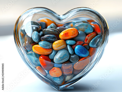 Heart-shaped glass vase holding tiny stones as decoration