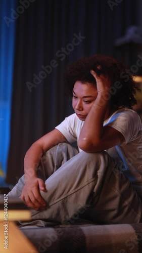 Sad young woman suffering from depression anxiety loneliness or mental health problem at home Thoughtful female upset feeling stress and pressure indoors