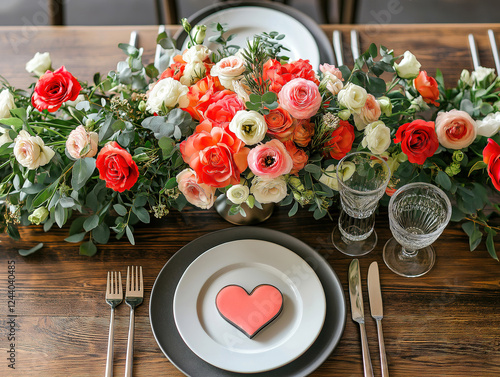 Elegant table setup featuring small love-shaped floral arrangements
