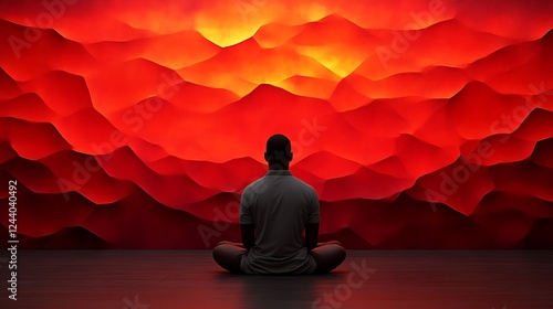 A man meditates before a fiery red mountain range