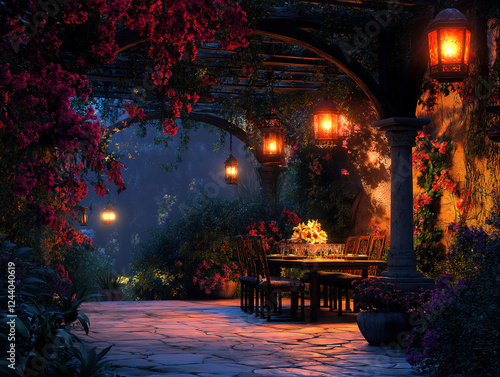 Garden dining setup under moonlight with glowing lanterns and flowers