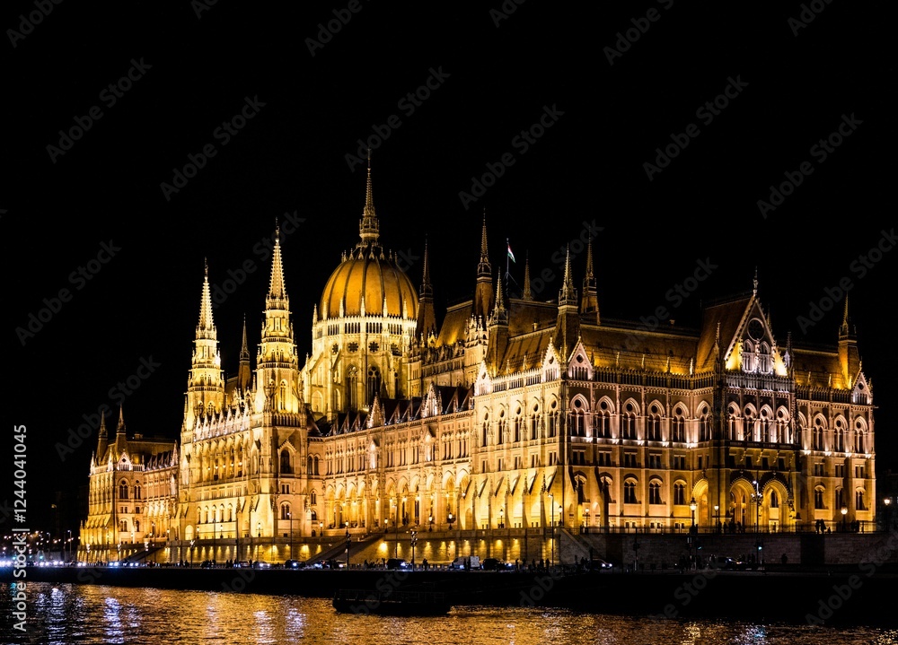 Fototapeta premium Illuminated Hungarian Parliament Building in Budapest at night, reflecting on the Danube River