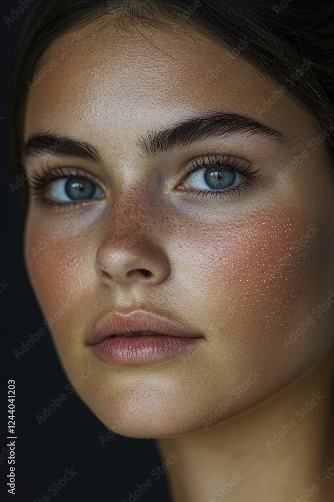 A close-up of a woman's face featuring freckles A close-up of a woman's face featuring freckles
