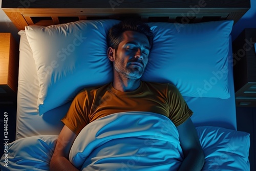 A Peaceful Sleeper: An Adult Man with Brown Hair Resting Comfortably in a Cozy Bedroom, Surrounded by Soft Pillows and a Calm Blue Light photo