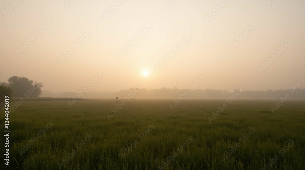 Serene Misty Sunrise Over Lush Green Rice Fields in Tranquil Landscape Serene Misty Sunrise Over Lush Green Rice Fields in Tranquil Landscape