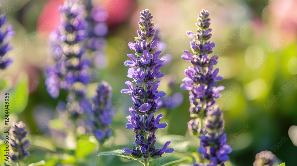 Vibrant Purple Flowering Plants in Soft Natural Light with Blurred Green Background