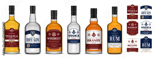 Vector alcoholic drink labels and bottles. Whiskey, vodka, tequila, rum, brandy and gin labels
