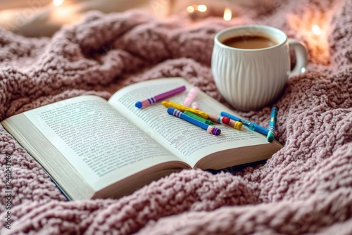 Wallpaper Mural A person is reading a book with a cup of coffee on their bed Torontodigital.ca