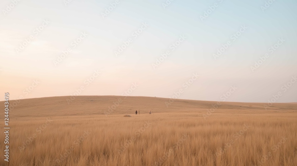 Fototapeta premium Golden Wheat Field Under Soft Blue Sky at Dusk in Serene Landscape