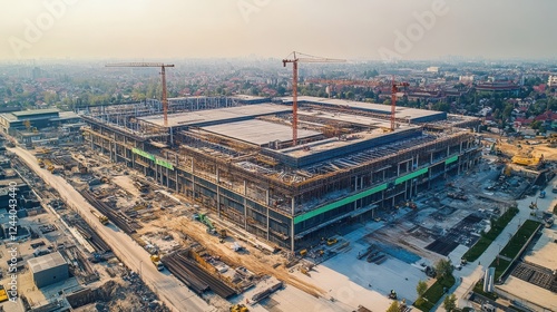 Aerial view of a large construction site featuring cranes, a partially built structure, and surrounding development in an urban landscape.