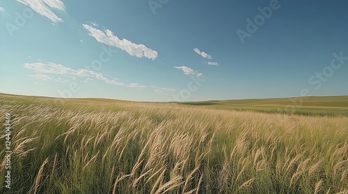 Serene landscape of rolling hills covered with golden wheatgrass under a bright blue sky with scattered clouds.
