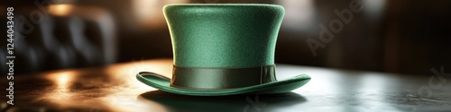 A single green top hat sits atop a wooden table, waiting to be used