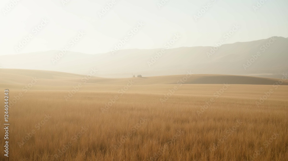 Fototapeta premium Serene Landscape of Golden Wheat Fields Under Soft Morning Light