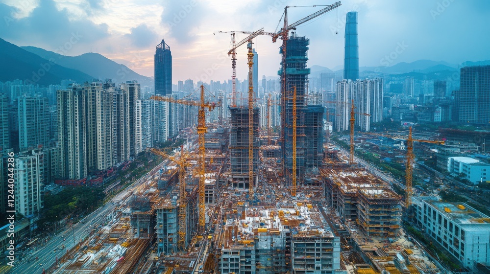 Fototapeta premium A vibrant city skyline featuring a large construction site with cranes and buildings under development against a cloudy sky.