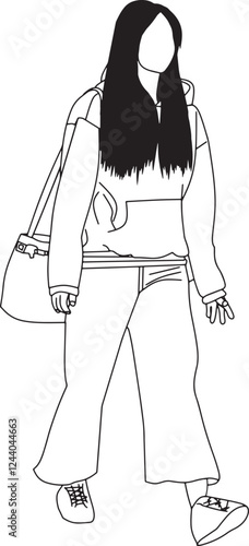 Monochrome outline of a young woman wearing casual attire, including a hoodie, loose pants, and sneakers, with a bag over her shoulder, representing modern fashion and relaxed style.