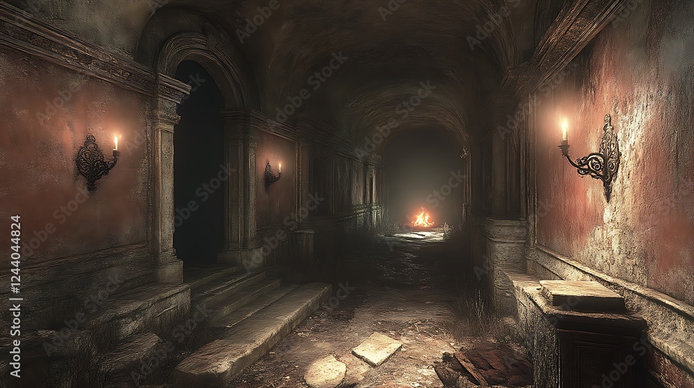Fototapeta premium Dark Hallway With Candlelight And Distant Fire