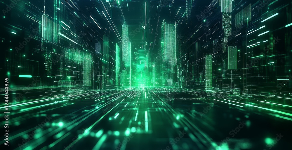 Green digital city data flow; futuristic tech background, website banner Green digital city data flow; futuristic tech background, website banner