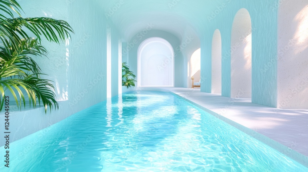 Fototapeta premium Serene indoor pool with turquoise water, surrounded by light blue archways and tropical plants. Soft sunlight illuminates the space, creating a tranquil atmosphere.