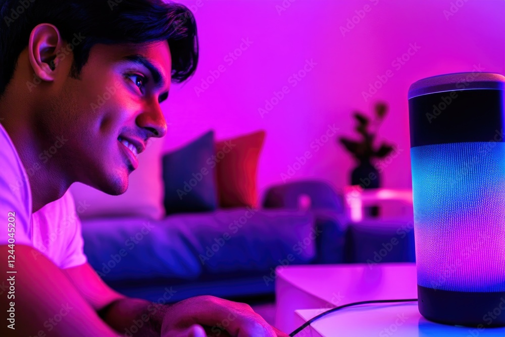 A person enjoying his favorite tunes on a portable speaker, great for outdoor or indoor use A person enjoying his favorite tunes on a portable speaker, great for outdoor or indoor use