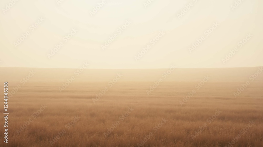 Serene Misty Landscape with Soft Golden Grass and Hazy Horizon Serene Misty Landscape with Soft Golden Grass and Hazy Horizon