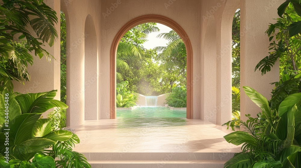 Fototapeta premium Tranquil oasis A sunlit arched entryway of a beige stone gazebo opens to lush greenery and a cascading water feature. Peaceful and serene.