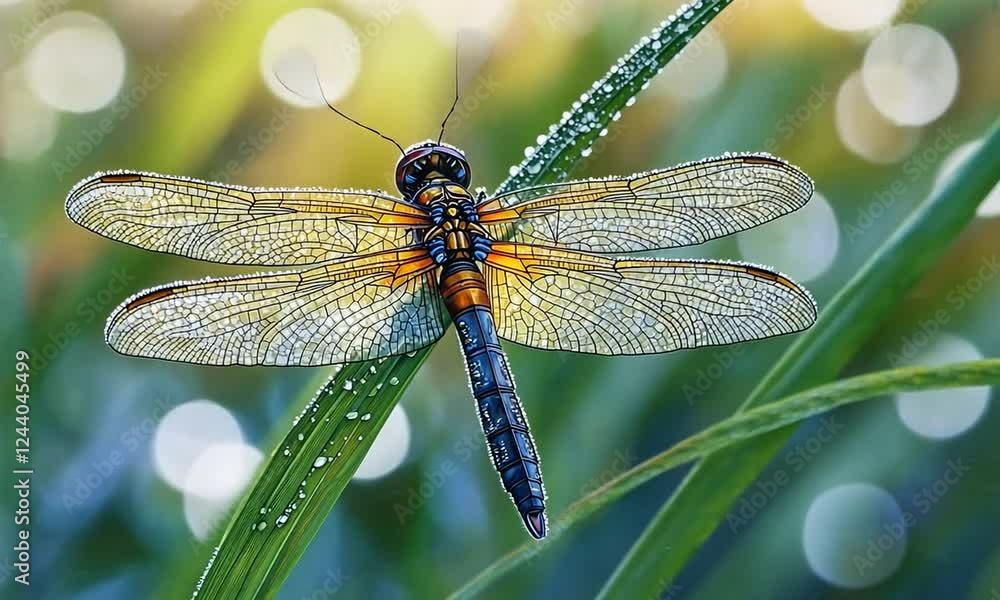 Dragonfly perched on a dew-covered blade of grass at dawn Dragonfly perched on a dew-covered blade of grass at dawn