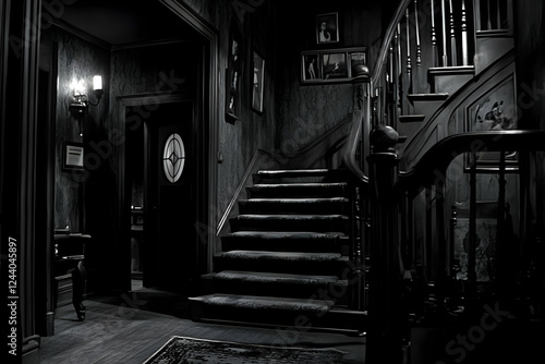 Dark house hallway stairs interior mystery film set photo