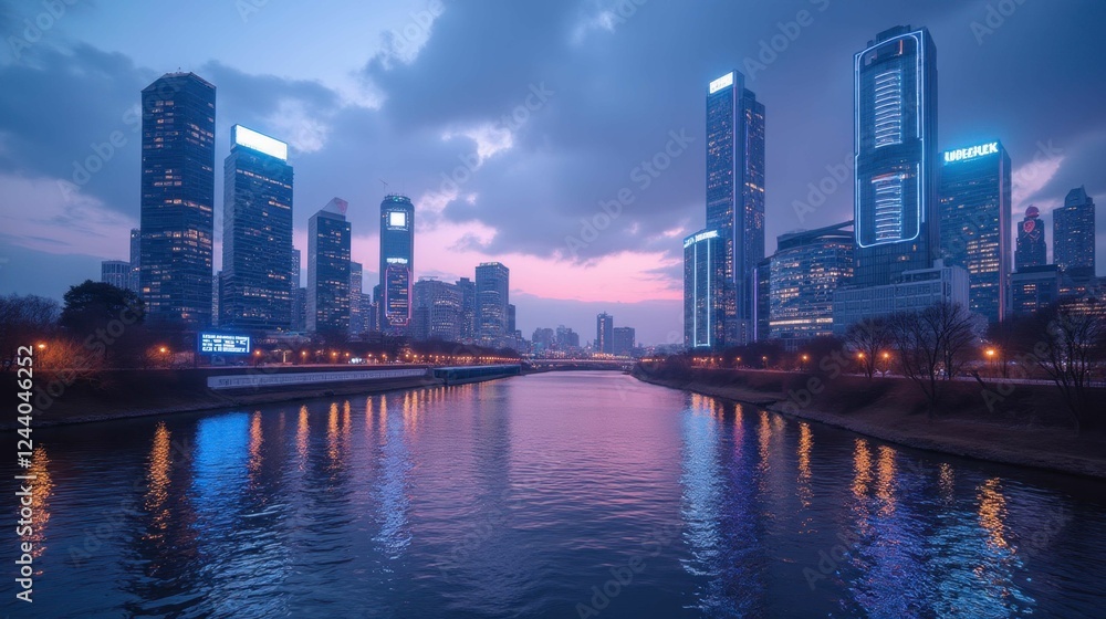 Fototapeta premium Urban Skyline at Dusk with River Reflections and Modern Buildings