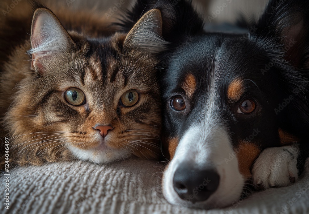 Adorable Cat and Dog Snuggling Together in Cozy Indoor Setting with Soft Lighting, Perfect Companions Showcasing Friendship and Affection Adorable Cat and Dog Snuggling Together in Cozy Indoor Setting with Soft Lighting, Perfect Companions Showcasing Friendship and Affection