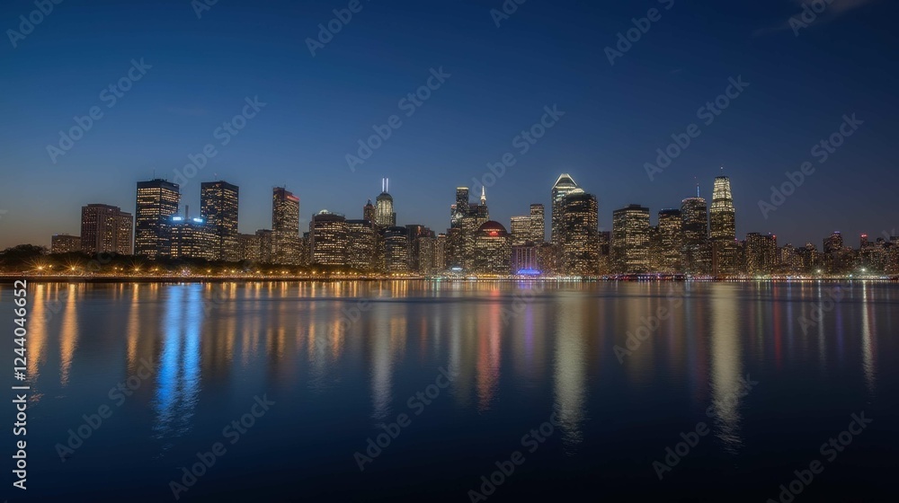 Nighttime Cityscape Reflection Over Calm Water at Dusk