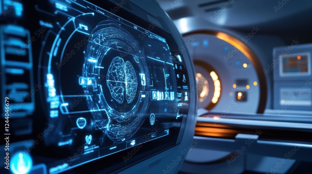 A closeup of an MRI scanner with a glowing interface panel featuring icons representing AI functions such as image enhancement and predictive modeling. The scanners sleek design contrasts A closeup of an MRI scanner with a glowing interface panel featuring icons representing AI functions such as image enhancement and predictive modeling. The scanners sleek design contrasts