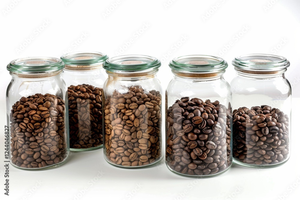 Variety of jars of coffee beans displayed on a white background, showing different levels of roast and texture. Variety of jars of coffee beans displayed on a white background, showing different levels of roast and texture.