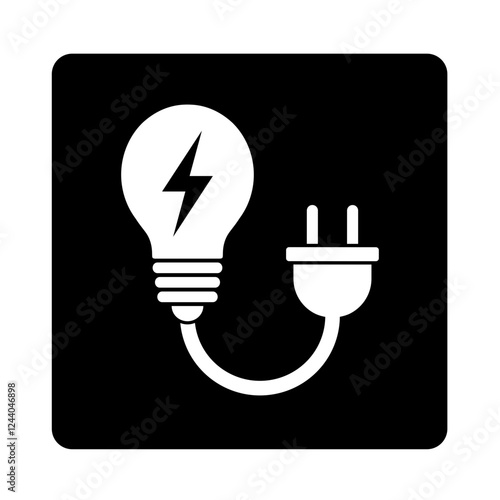 żarówka i wtyczka elektryczna, biała ikona na czarnym tle