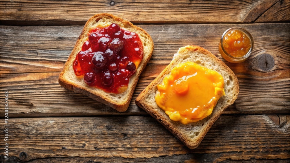 Sweet Treats Two Slices of Toasted Bread with Fruit Preserves on Rustic Wood Sweet Treats Two Slices of Toasted Bread with Fruit Preserves on Rustic Wood