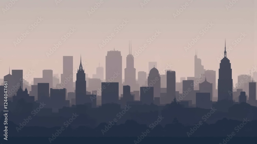 Fototapeta premium Urban Skyline Silhouette at Dusk with Blurred Cityscape Background
