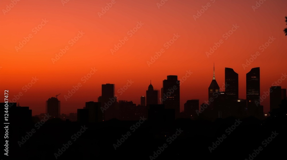 Naklejka premium Vibrant Urban Sunset Over City Skyline with Silhouetted Buildings