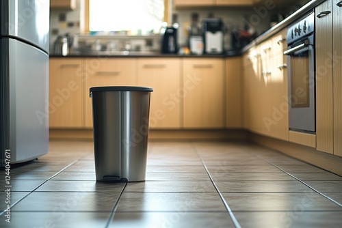 Spotless trash bin stands ready for waste disposal in a clean kitchen environment during the day. Generative AI photo