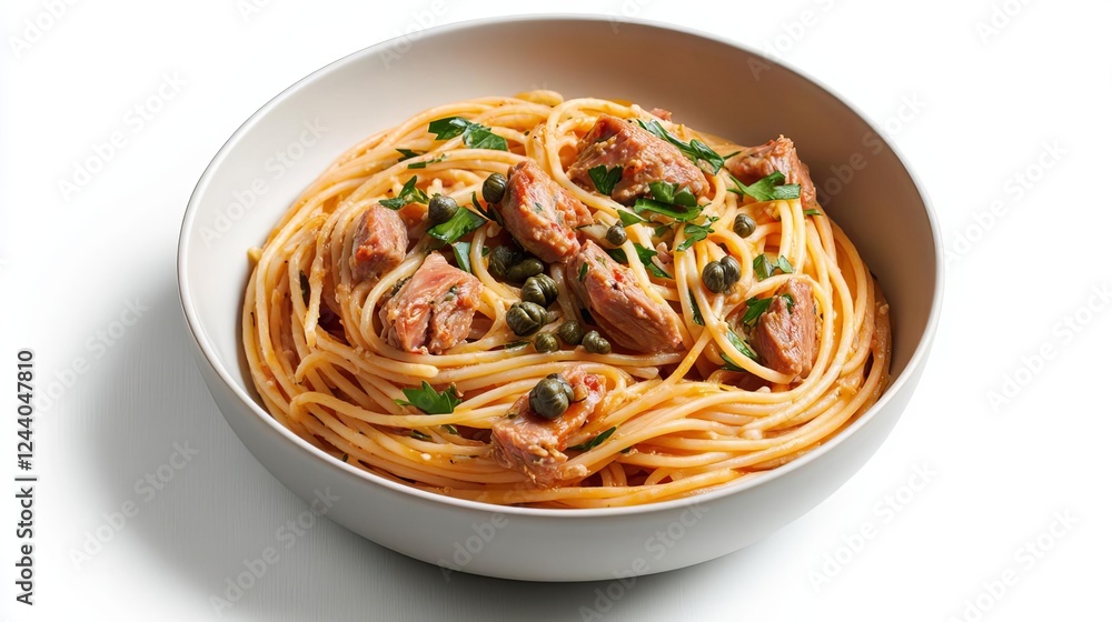 A dish of spaghetti with tuna and capers, bold and flavorful, realistic photography, muted pink and golden tones, isolated on white background A dish of spaghetti with tuna and capers, bold and flavorful, realistic photography, muted pink and golden tones, isolated on white background