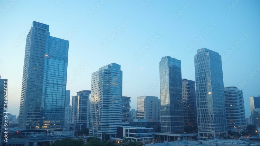 Modern Urban Skyline at Dusk with Glass and Steel Architecture Modern Urban Skyline at Dusk with Glass and Steel Architecture
