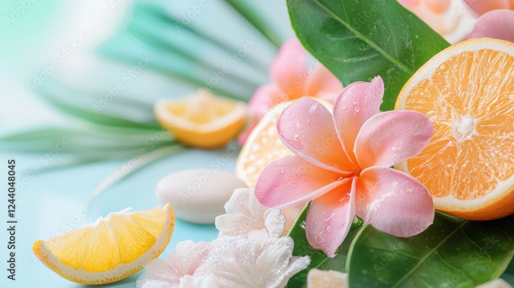 Pink plumeria flower and citrus fruit slices with green leaves on a light blue background. Spa and wellness concept. Pink plumeria flower and citrus fruit slices with green leaves on a light blue background. Spa and wellness concept.