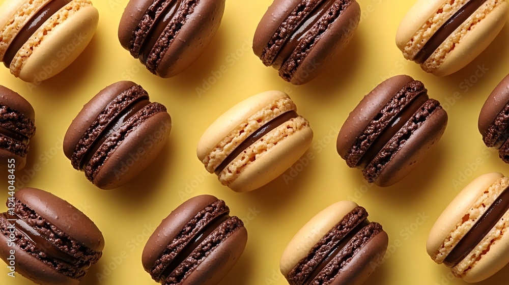 An overhead view of chocolate and vanilla macarons arranged in a neat pattern on a vibrant yellow background An overhead view of chocolate and vanilla macarons arranged in a neat pattern on a vibrant yellow background