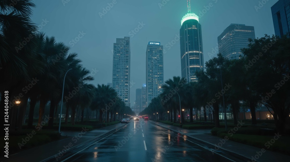 Obraz premium Urban Nightscape with Rain, Palms, and Skyscrapers in Houston