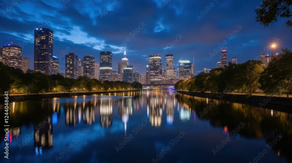 Nighttime Cityscape Reflections Over Calm Water in Urban Setting Nighttime Cityscape Reflections Over Calm Water in Urban Setting