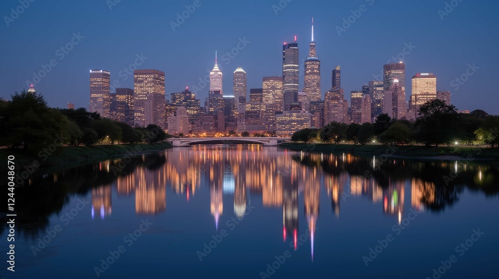 Fototapeta premium Serene Cityscape Reflections at Dusk Over Water in Urban Environment