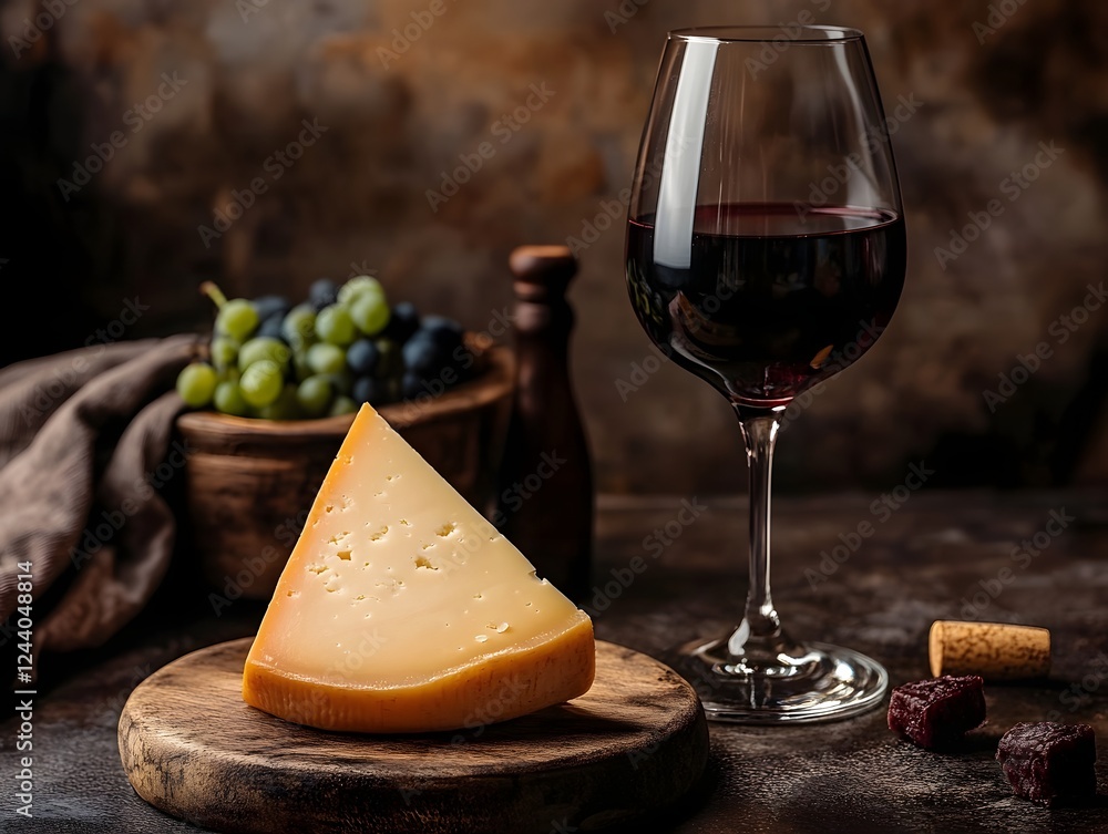 Aged Gouda Cheese Wedge with Glass of Red Wine in Elegant Still-Life Composition Aged Gouda Cheese Wedge with Glass of Red Wine in Elegant Still-Life Composition