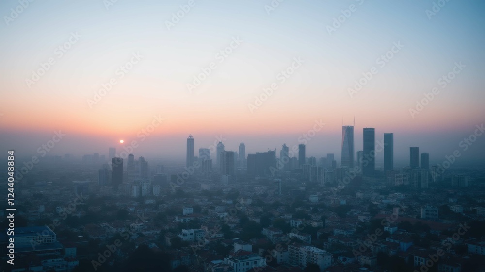 Urban Skyline at Sunrise with Mist over Cityscape in Soft Colors Urban Skyline at Sunrise with Mist over Cityscape in Soft Colors