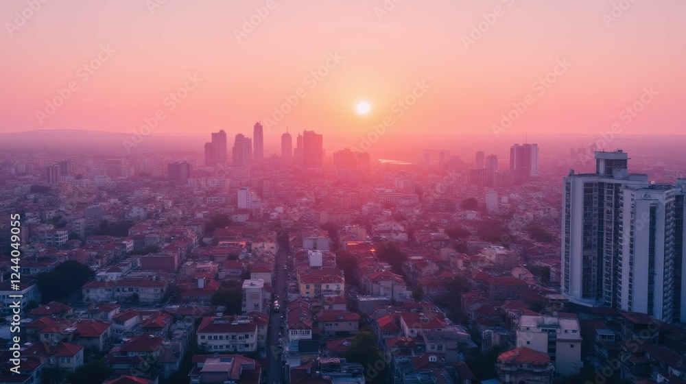 Fototapeta premium Breathtaking Sunset Over Urban Landscape with Tall Buildings