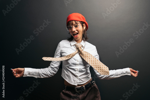 Latin woman wearing red beret, white shirt and tie dancing photo